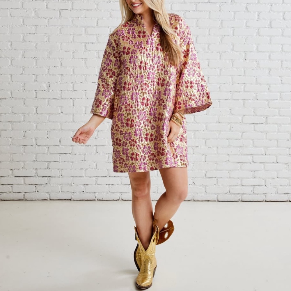 CARYN LAWN JACQUARD KRISTIN  DRESS IN COLOR WINE WITH GOLD ONE SIZE FITS US 4-12